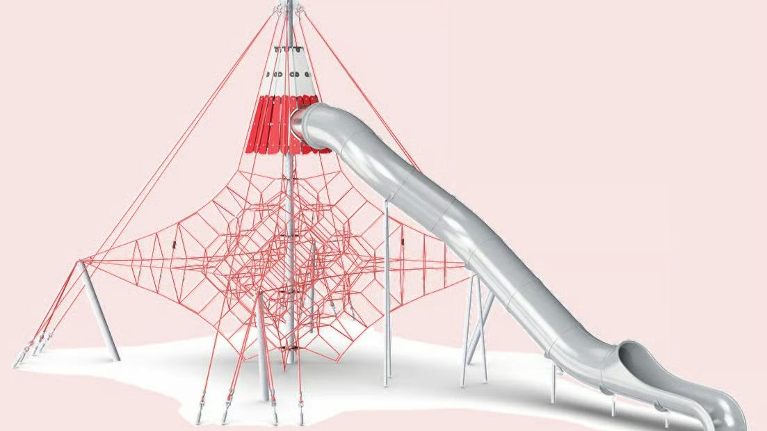 Illustration of Treasure Island playground equipment in red showing bouncy meshes, crows nest, and tubular slide.