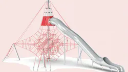 Illustration of Treasure Island playground equipment in red showing bouncy meshes, crows nest, and tubular slide.