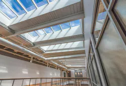 Modular metal-framed skylights in a roof offering access to daylight and fresh air.