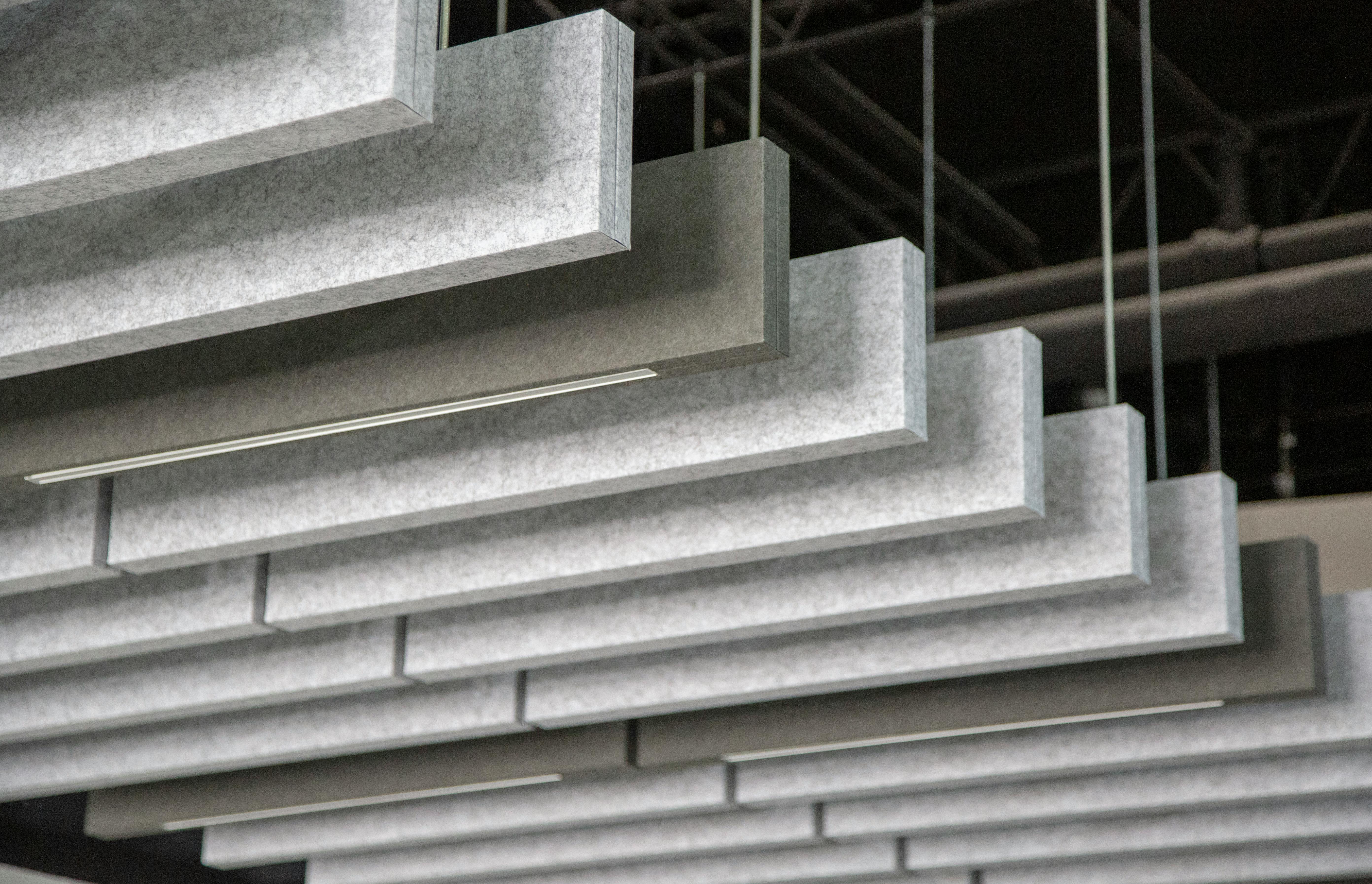 Acoustic ceiling baffle system available in a wide range of colors.