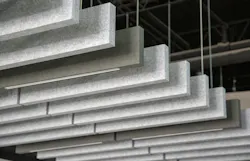 Acoustic ceiling baffle system available in a wide range of colors.